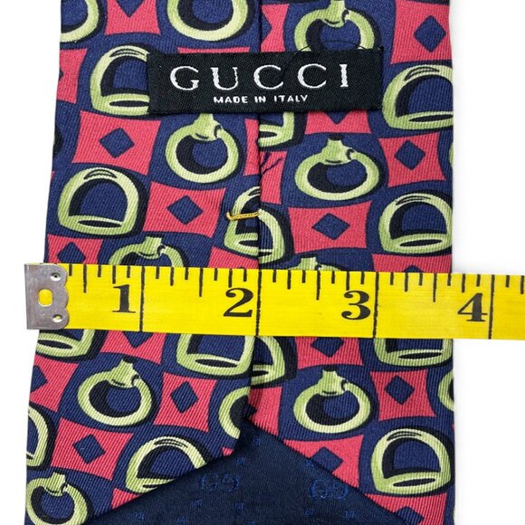 Gucci Silk Tie Italy Made Vintage Horsebit Pink Blue Geometric Horse Equestrian - Picture 8 of 9